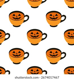 Hand drawn halloween seamless pattern with pumpkin drinks, design elements.Autumn  pattern for invitations, cards, print, gift wrap, manufacturing, textile, fabric, wallpapers