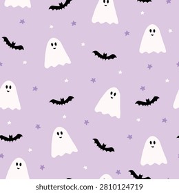 Hand drawn halloween seamless pattern with cute ghosts, bats and stars. Pastel lavender holiday vector background