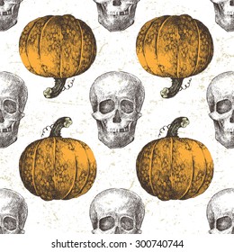 Hand drawn Halloween seamless pattern with pumpkin and skull