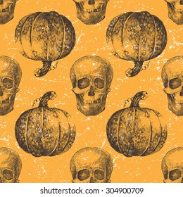 Hand drawn Halloween seamless pattern with pumpkin and skull