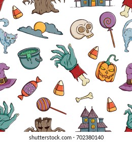 hand drawn halloween seamless pattern icons