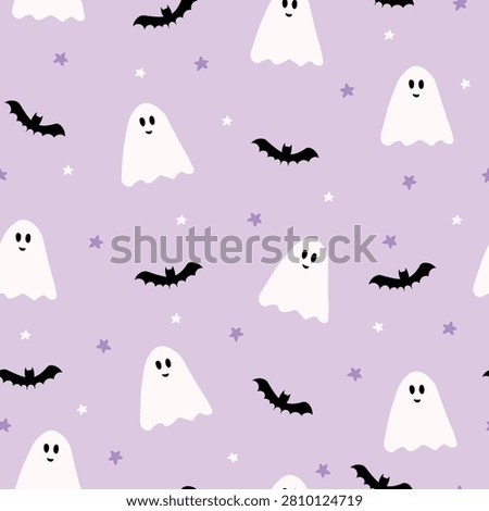 Hand drawn halloween seamless pattern with cute ghosts, bats and stars. Pastel lavender holiday vector background