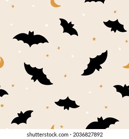 Hand drawn Halloween seamless vector pattern with bats and stars. Cute trendy background for wallpaper, autumn holidays and Halloween design. Spooky vector illustration, flat style, festive backdrop