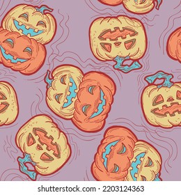 Hand drawn Halloween seamless vector pattern. Cute and scary pumpkins smiling at night. Decoration for party invitation, wallpaper and wrapping paper, poster, Background and backdrops, fabric design.
