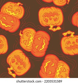 Hand drawn Halloween seamless vector pattern. Cute and scary pumpkins smiling at night. Decoration for party invitation, wallpaper and wrapping paper, poster, Background and backdrops, fabric design.