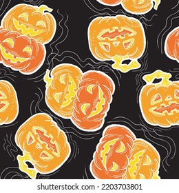 Hand drawn Halloween seamless vector pattern. Cute and scary pumpkins smiling at night. Decoration for party invitation, wallpaper and wrapping paper, poster, Background and backdrops, fabric design.