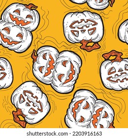 Patrón vectorial sin fisuras dibujado a mano en Halloween. Calabazas cortas y aterradoras sonriendo de noche. Decoración para la invitación a la fiesta, papel pintado y papel envolvente, afiche, fondo y fondo, diseño de tela.