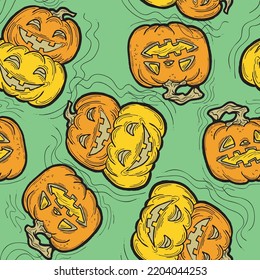 Hand drawn Halloween seamless vector pattern. Cute and scary pumpkins smiling at night. Decoration for party invitation, wallpaper and wrapping paper, poster, Background and backdrops, fabric design.