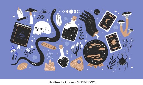 Hand drawn Halloween season decoration collection. Esoteric cartoon icon set with witchcraft book, tarot cards, creepy magic elements and occult symbols.