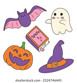 Hand drawn halloween set of cute elements coloring pages for kids. Trace and color halloween. Halloween set vector. Coloring book for kids. Kindergarten and preschool worksheets printable for kids. 