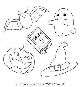 Hand drawn halloween set of cute elements coloring pages for kids. Trace and color halloween. Halloween set vector. Coloring book for kids. Kindergarten and preschool worksheets printable for kids. 