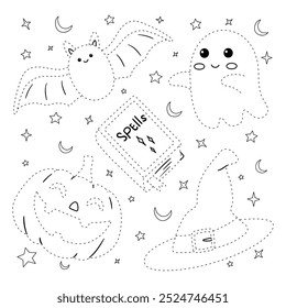 Hand drawn halloween set of cute elements coloring pages for kids. Trace and color halloween. Halloween set vector. Coloring book for kids. Kindergarten and preschool worksheets printable for kids. 
