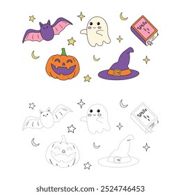 Hand drawn halloween set of cute elements coloring pages for kids. Trace and color halloween. Halloween set vector. Coloring book for kids. Kindergarten and preschool worksheets printable for kids. 