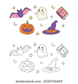 Hand drawn halloween set of cute elements coloring pages for kids. Trace and color halloween. Halloween set vector. Coloring book for kids. Kindergarten and preschool worksheets printable for kids. 