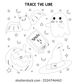 Dibujado a mano halloween conjunto de lindos Elementos para colorear páginas para niños. Trazo y color de Halloween. Vector de Halloween. Libro para colorear para niños. Hojas de trabajo de jardín de infantes y preescolar imprimibles para niños. 