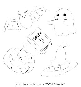 Hand drawn halloween set of cute elements coloring pages for kids. Trace and color halloween. Halloween set vector. Coloring book for kids. Kindergarten and preschool worksheets printable for kids. 