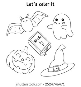 Hand drawn halloween set of cute elements coloring pages for kids. Trace and color halloween. Halloween set vector. Coloring book for kids. Kindergarten and preschool worksheets printable for kids. 