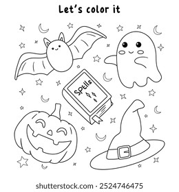 Hand drawn halloween set of cute elements coloring pages for kids. Trace and color halloween. Halloween set vector. Coloring book for kids. Kindergarten and preschool worksheets printable for kids. 