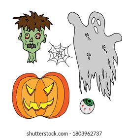 Hand drawn halloween set. Decor elements for the holiday. Scary stickers on a white background. Hand drawn halloween, doodle, set, ideas.