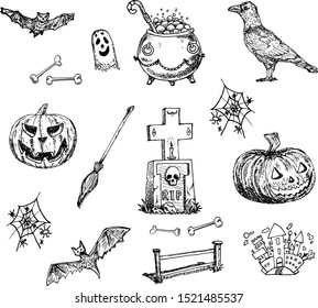 Hand Drawn halloween set doodle. Sketch style icon. Decoration element. Isolated on white background. Flat design. Vector illustration.