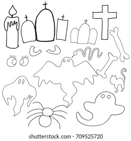 Hand Drawn Halloween Set. Ghost, scary eyes, spider, cat, bones, candle, tomb.