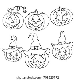 Hand Drawn Halloween Set. Pumpkins in doodle style.
