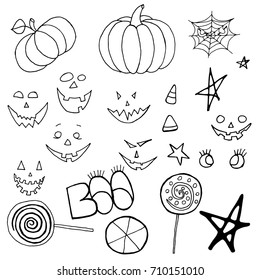 Hand Drawn Halloween Set. Pumpkins, web, scary faces, candies, s