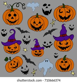 Hand Drawn Halloween Set. Pumpkins, bats, ghosts, stars.