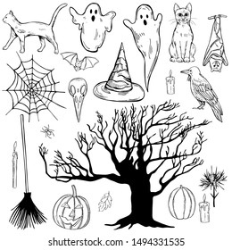  Hand drawn halloween set. Vector sketch illustration.