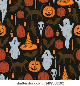  Hand drawn halloween set. Vector seamless pattern.