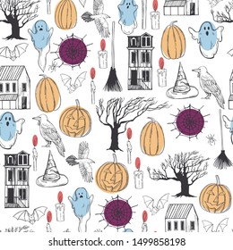  Hand drawn halloween set. Vector seamless pattern.