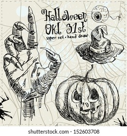 Hand drawn halloween set in vector with zombie hand on vintage background with web