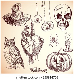 Hand drawn halloween set in vector with candle,zombie hand , owl, skull, bat and spider on vintage background 
