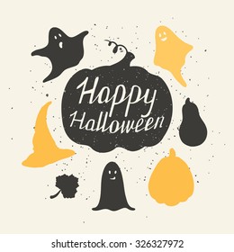 Hand drawn halloween silhouettes collection with pumpkin, witch hat, ghosts, leaf. Craft hipster design template for flyers, invitations, greeting cards. Happy Halloween lettering. Vector illustration