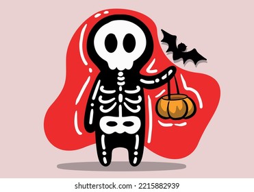 Hand drawn halloween skeleton and pumpkin bucket