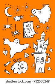 Hand drawn halloween sketch white set.