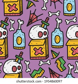 hand drawn halloween skull doodle pattern design