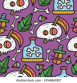 hand drawn halloween skull doodle pattern design