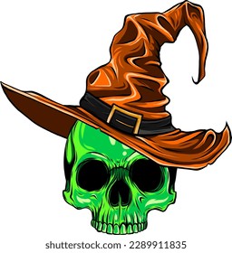 Hand Drawn Halloween Skull with Witch Hat on white background