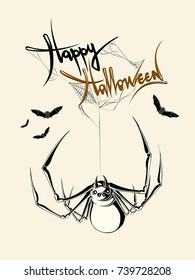 Hand drawn halloween spider, cobweb, bat, scary,  holiday, vector illustration
