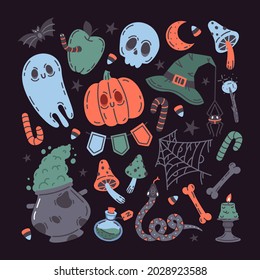 Hand drawn Halloween spooky symbols. Fall holidays elements, pumpkin, skull, poison, ghost, witch cauldron and magic wand. Doodle scary autumn vector icons set