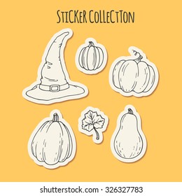 Hand drawn halloween sticker collection with pumpkins, witch hat and leaf. Vector illustration