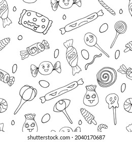 Hand drawn Halloween sweets seamless pattern with holiday elements. A vector illustration that works well for holiday projects.