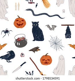 Hand drawn Halloween symbol seamless pattern. Colorful broom, ghost, pumpkin, cat, candy, knife, spider, crow, candle and cauldron - print or wallpaper of autumn season holiday vector illustration