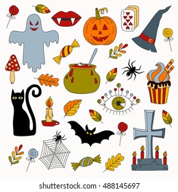 Hand drawn halloween symbols colorful collection with scary ghost, grave, vampire lips, bat, cupcake, sweets, eye, pumpkin spider and mushroom