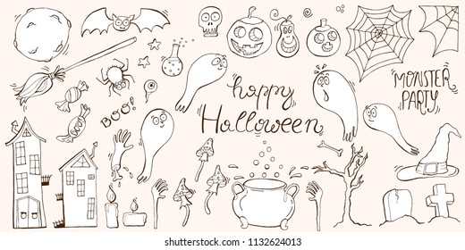 Hand drawn Halloween symbols. Doodle illustration, vector.