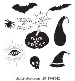 hand drawn halloween symbols with skull, pumpkin, eye, spider, web, bat witch hat