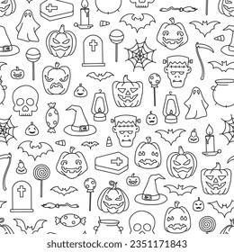 Hand drawn Halloween themed seamless pattern on transparent background