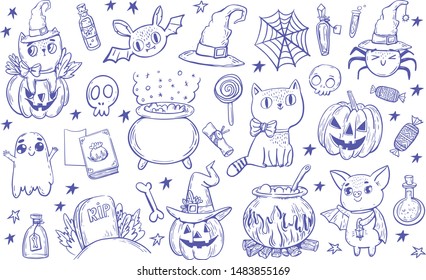 Hand drawn Halloween traditional symbols. Doodle style illustrations: carved pumpkin, spider webs, cats in hat, bat, candy, skulls, books, magic potion pot. Isolated vector on white background.
