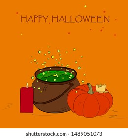 Hand drawn Halloween traditional symbols in lineart,sketch style.Doodle style illustrations:pumpkin,magic potion pot.candles.Isolated vector on black. Perfect for greeting cards, invitations, posters,
